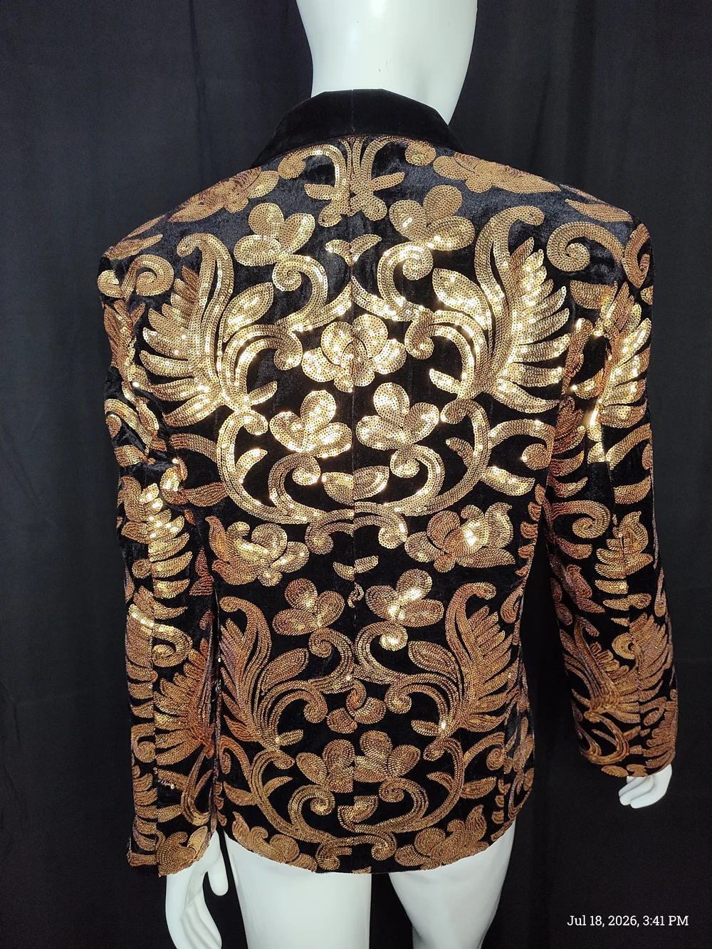 Bling Tuxedo Blazer Black Velvet W/Gold Floral Sequin Pattern 14Y Sz